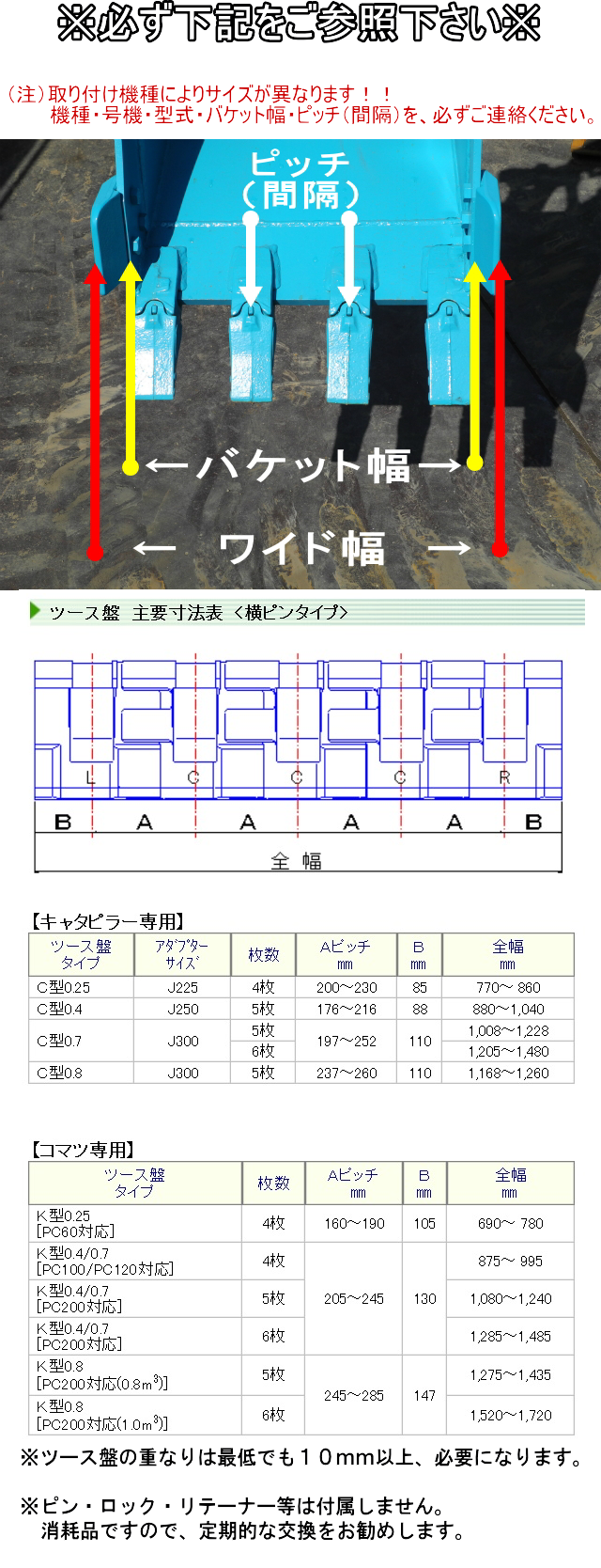 越後ツース盤　サイズ表